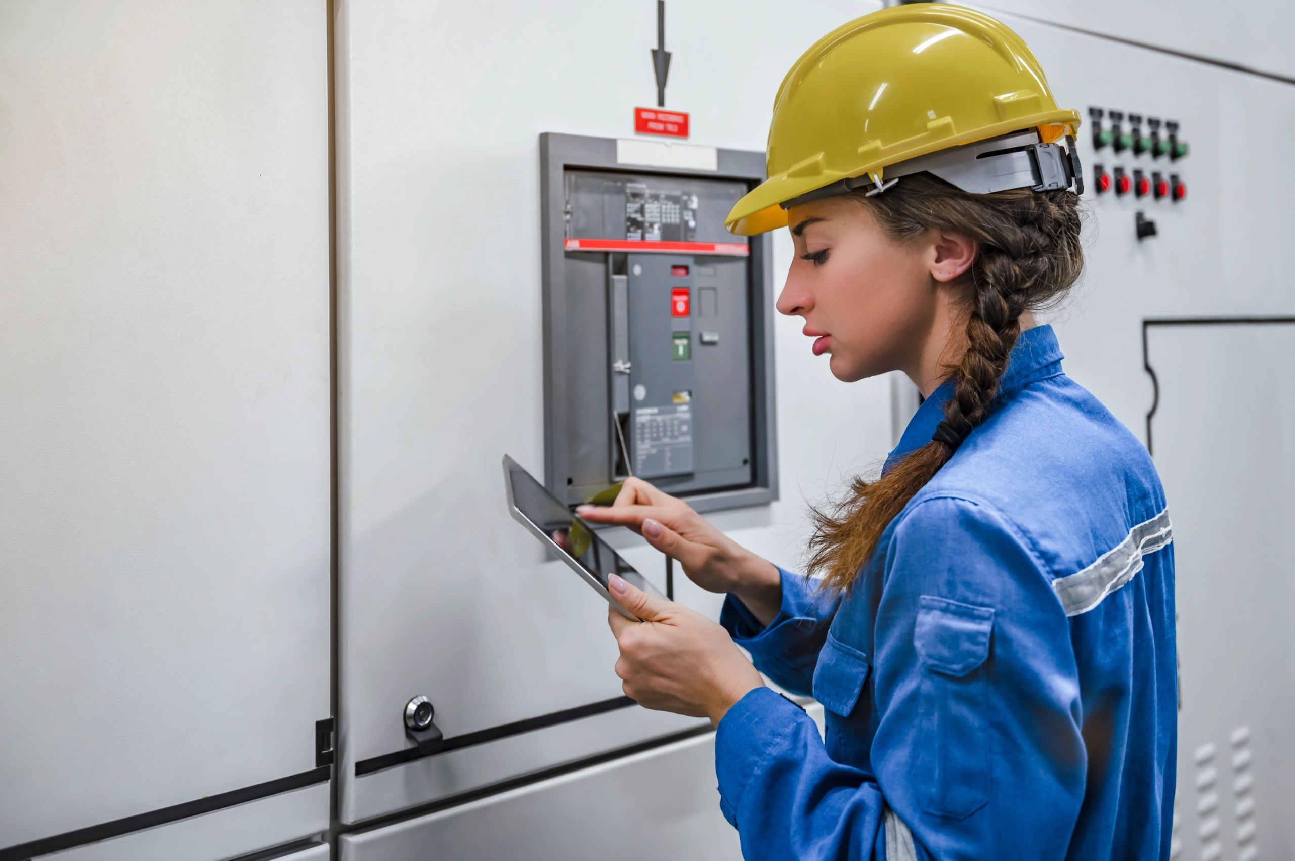 Professional electrician reviewing project details on a tablet