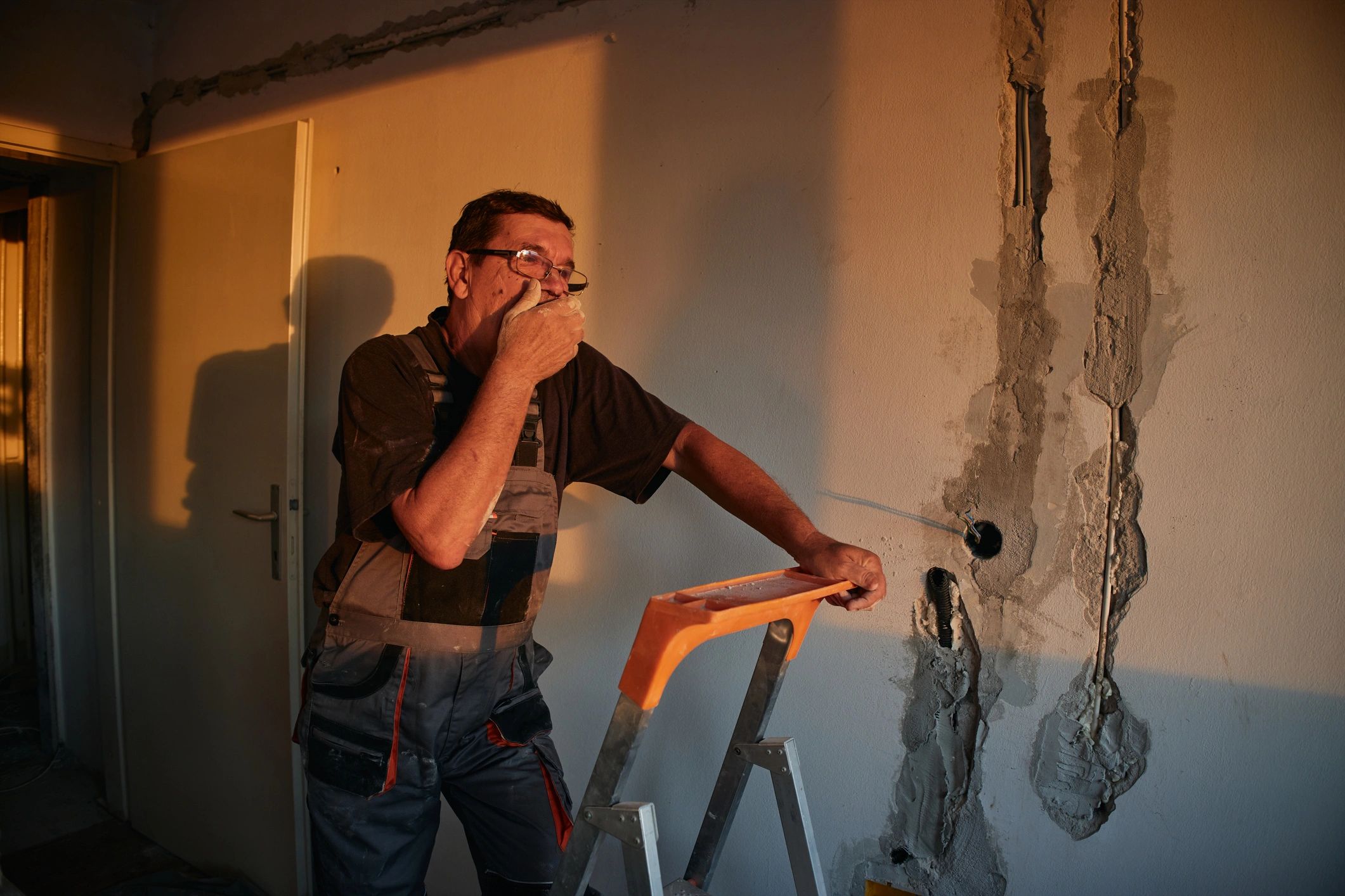 Electrician working on home rewiring during renovation