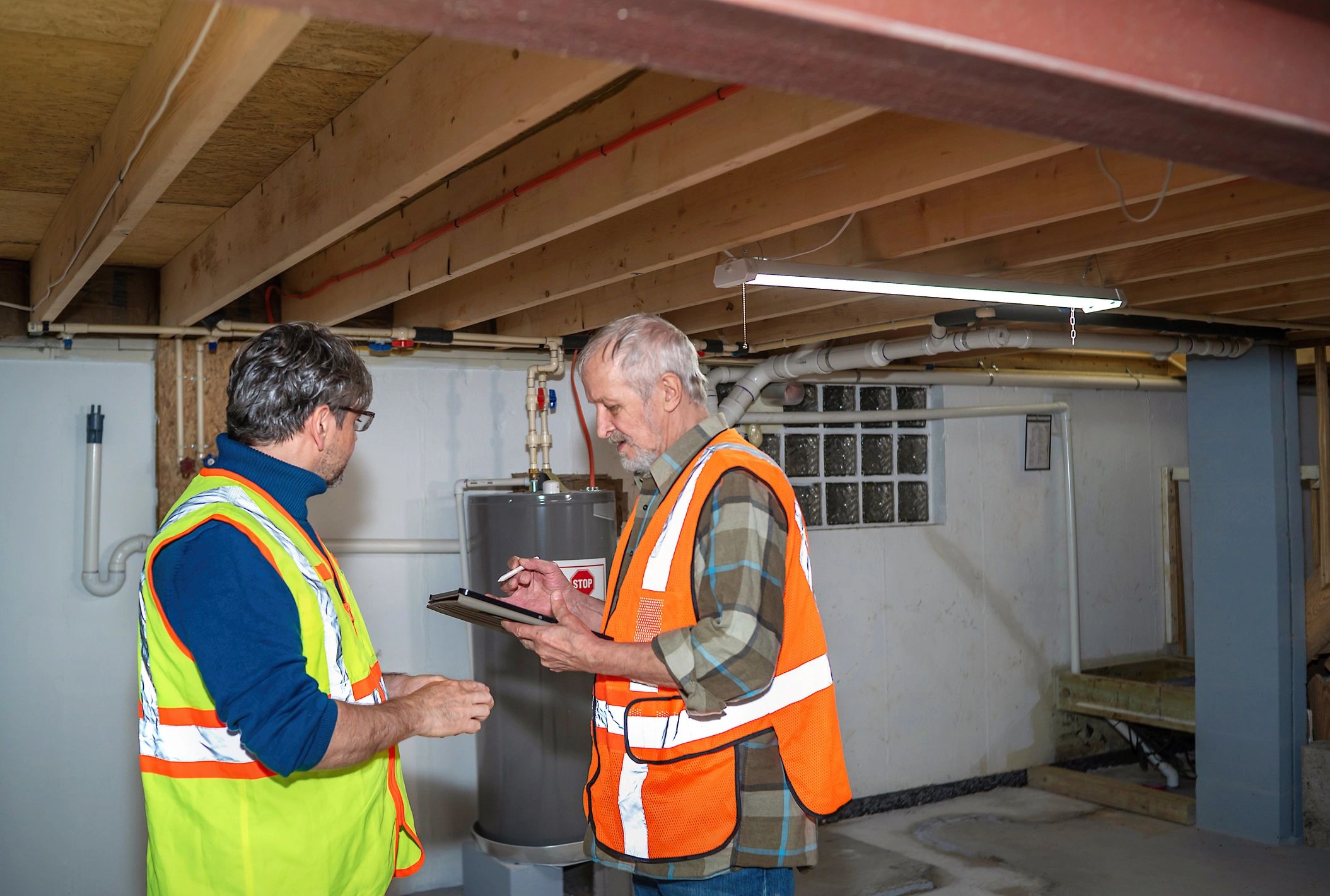 Licensed electrical professionals reviewing systems in a residential basement